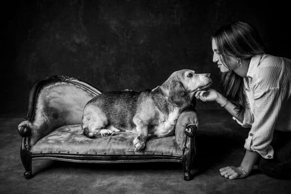 a black and white portrait of a dog on a small couch and its owner scratching its chin